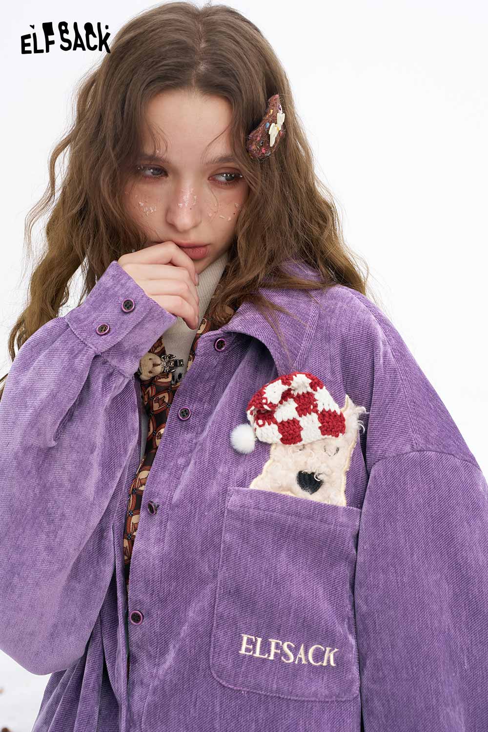 ELFSACK women's animal graphic shirt in purple featuring a playful design with a pocket detail