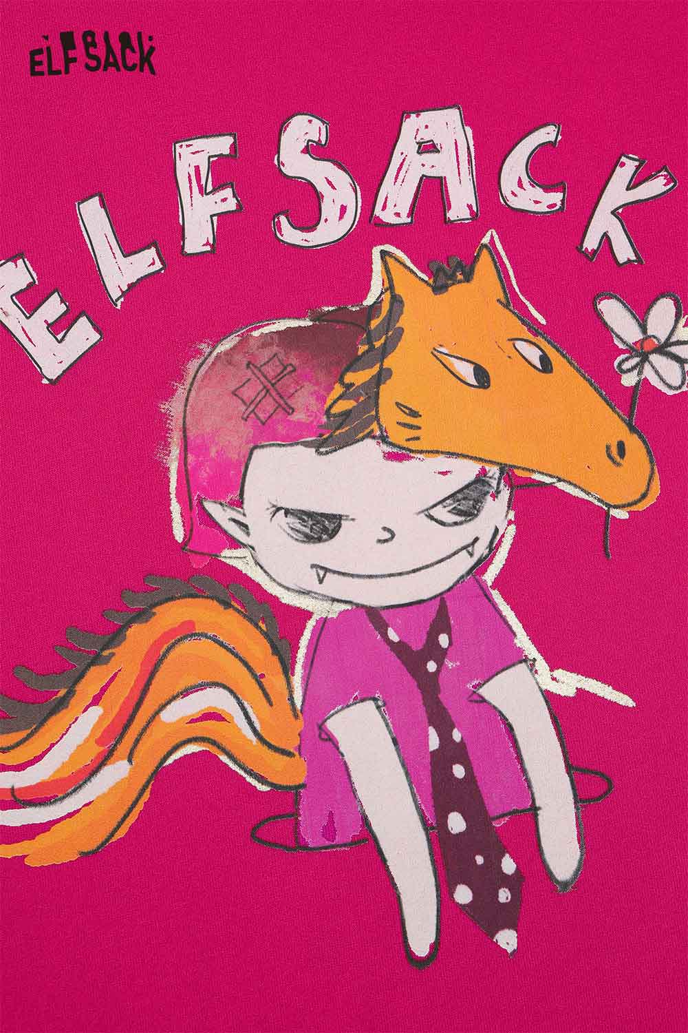 ELFSACK women's graphic patchwork sweatshirt featuring colorful cartoon design and playful details