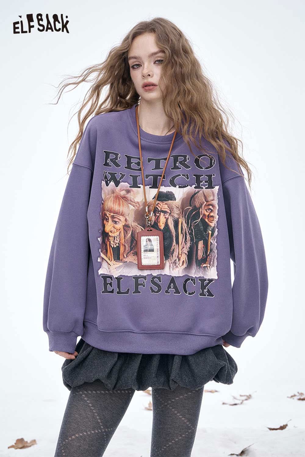 ELFSACK women's letter graphic sweatshirt in purple featuring retro witch design and oversized fit