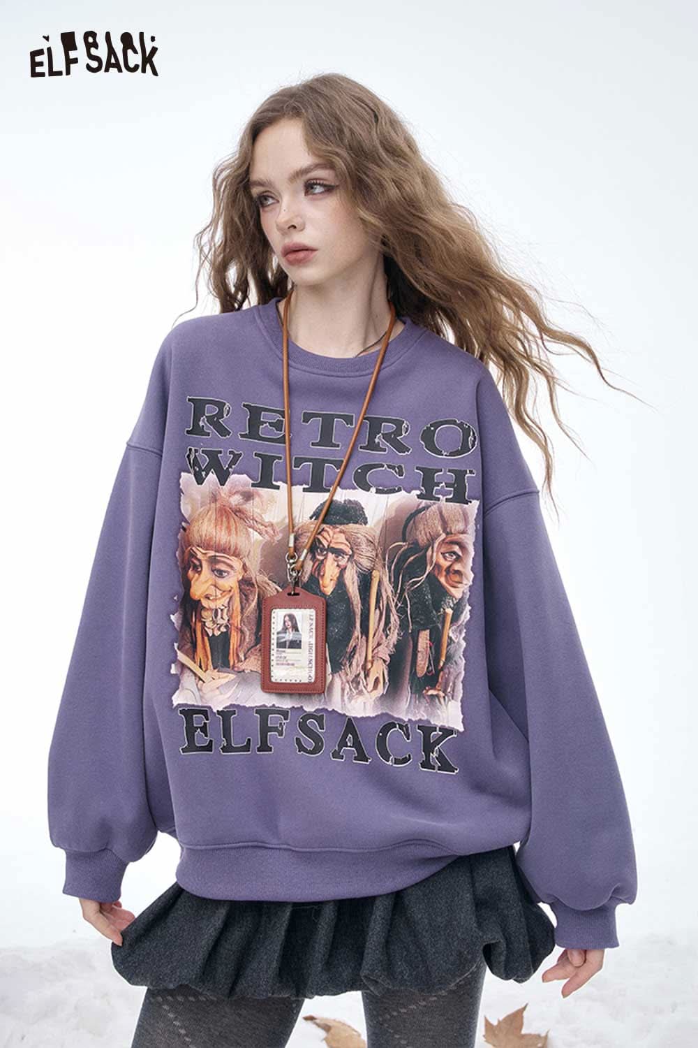 ELFSACK women's letter graphic sweatshirt in purple with retro witch design and oversized fit