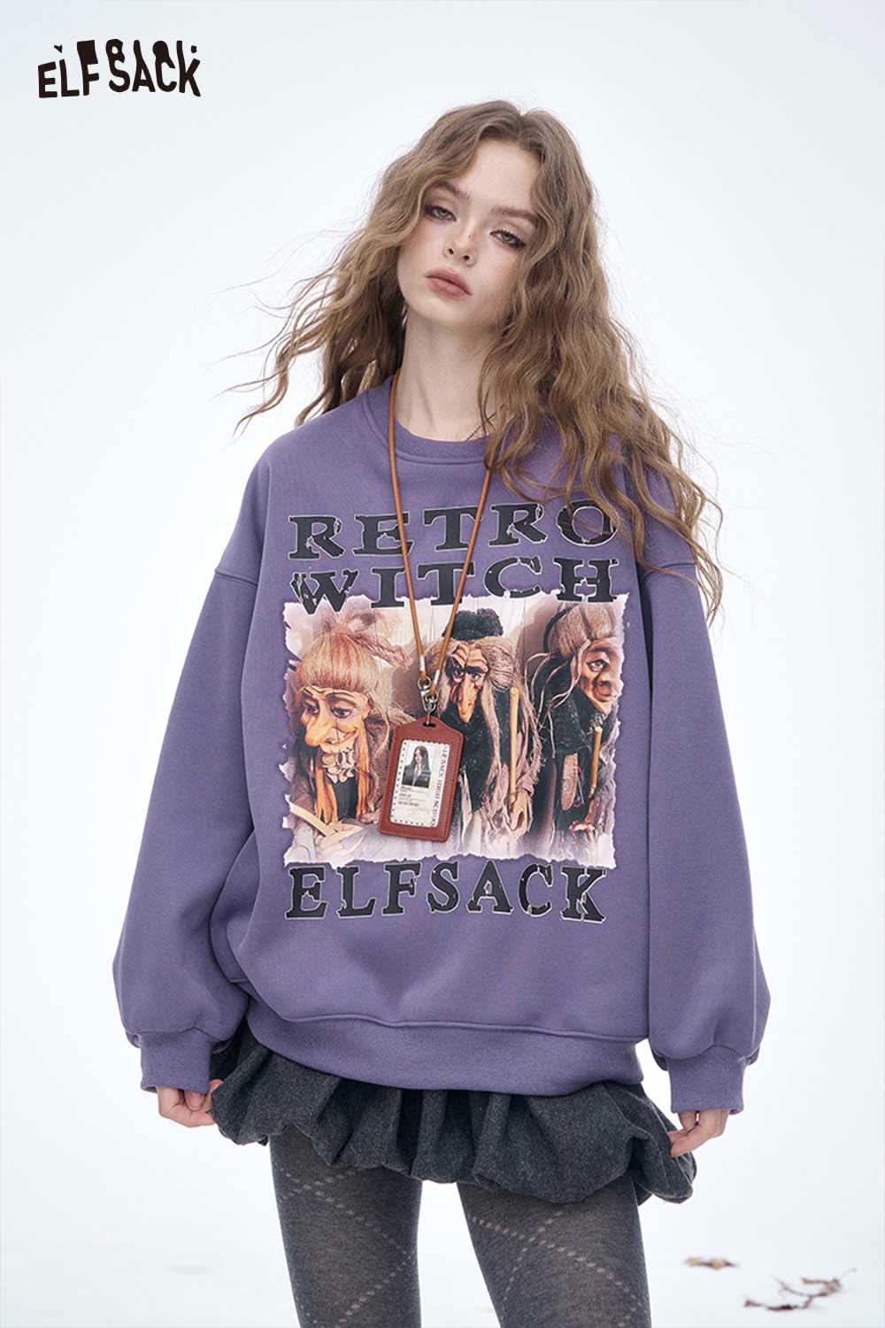 Purple women's letter graphic sweatshirt by ELFSACK featuring a retro witch design