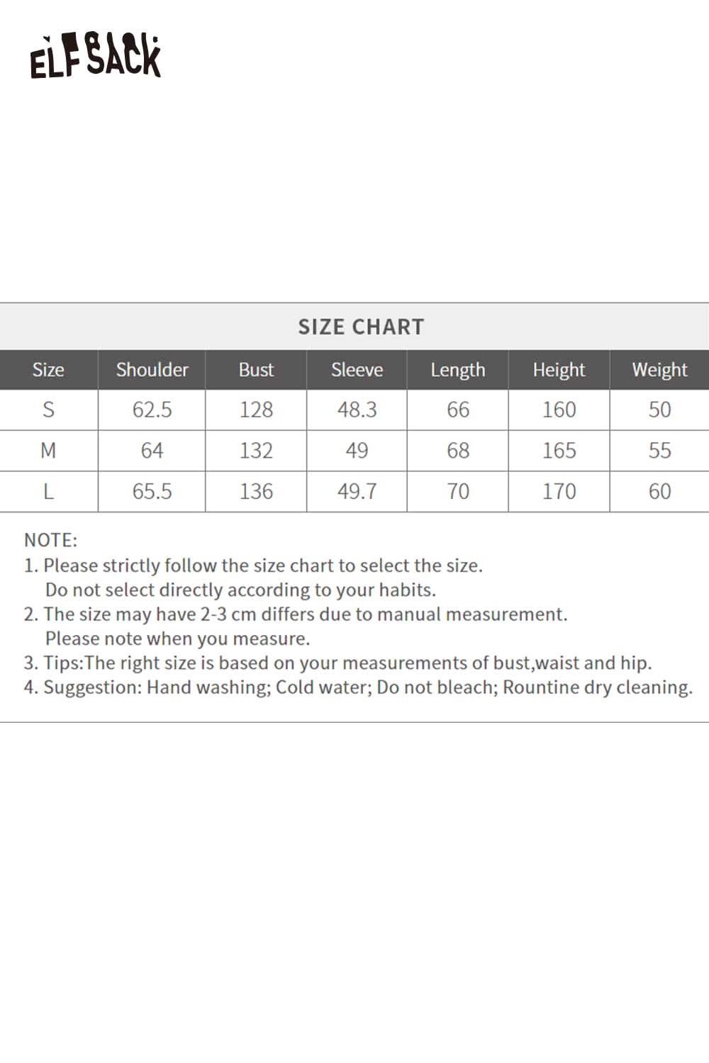 ELFSACK women's letter graphic sweatshirt size chart with measurements for accurate fitting