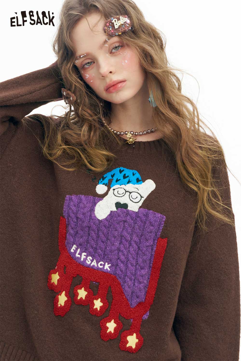 ELFSACK women's sleeping dog graphic sweater in brown with playful dog design and colorful details