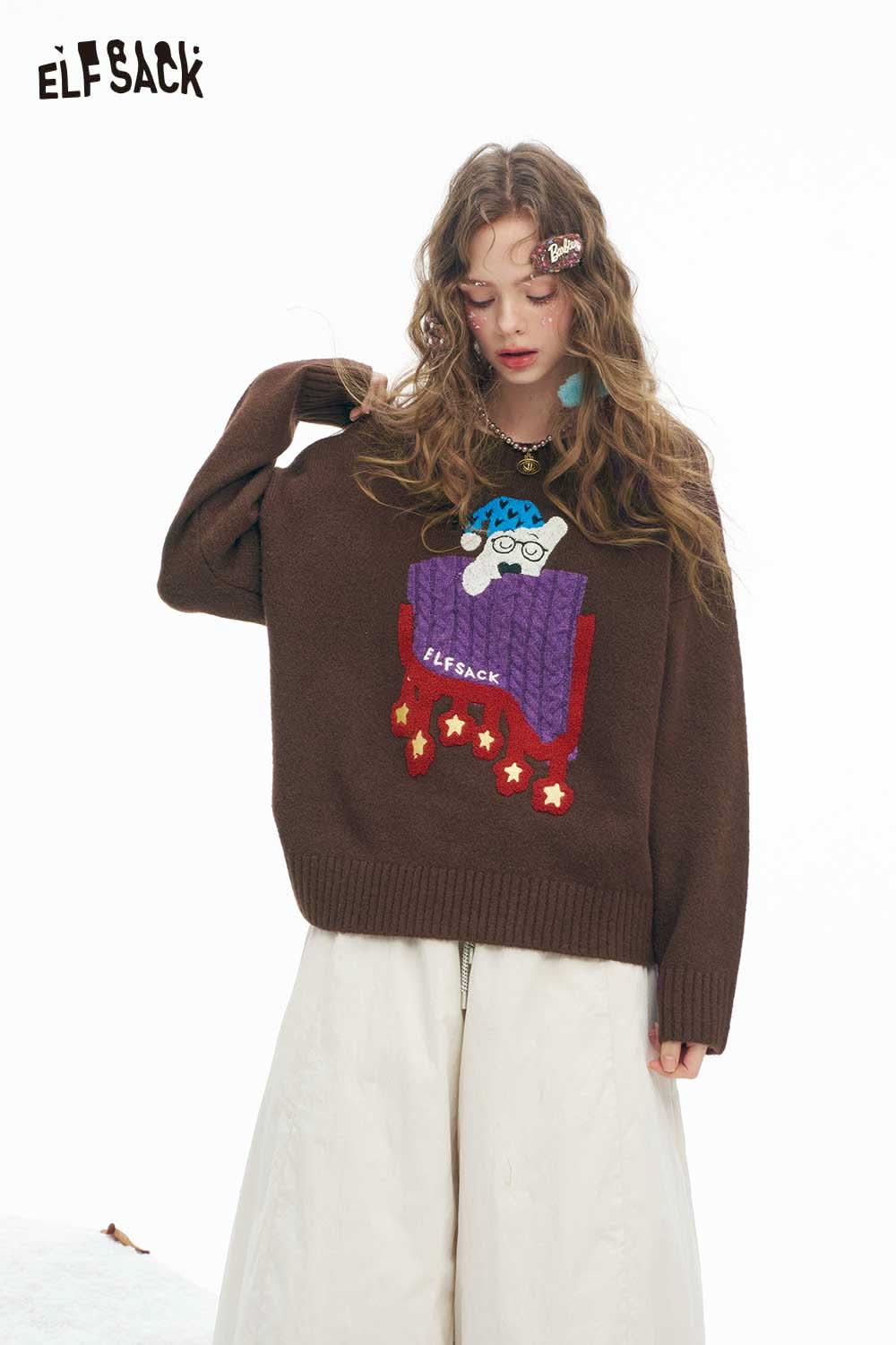 ELFSACK women's sleeping dog graphic sweater in brown with colorful embroidered design