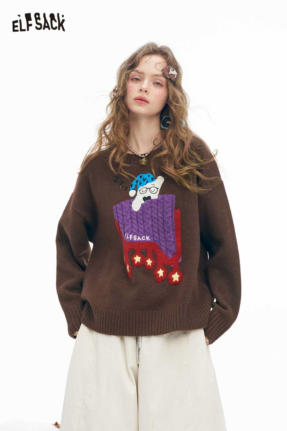 ELFSACK women's sleeping dog graphic sweater in brown with colorful design for cozy comfort