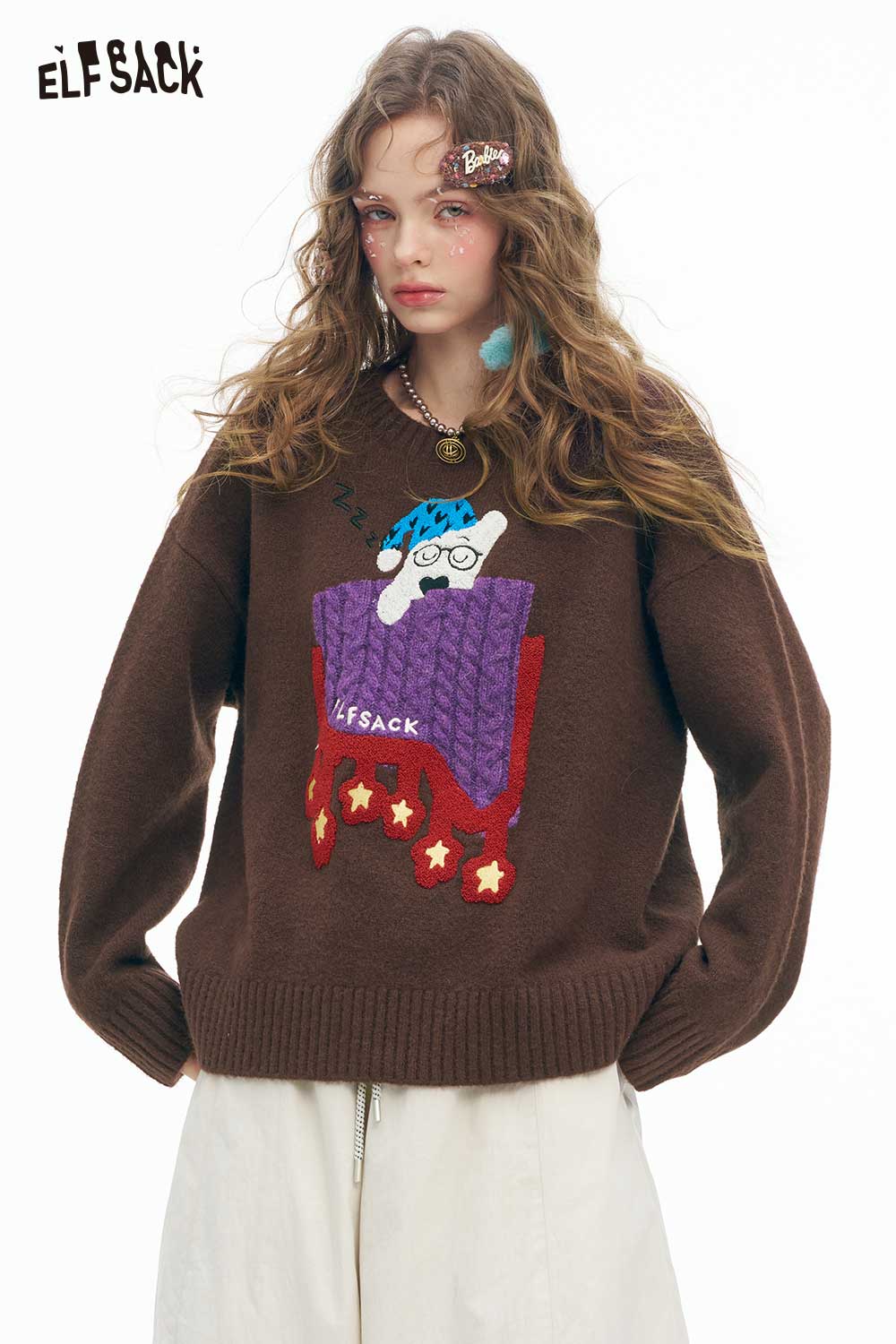 ELFSACK women's sleeping dog graphic sweater in brown with colorful embroidered design