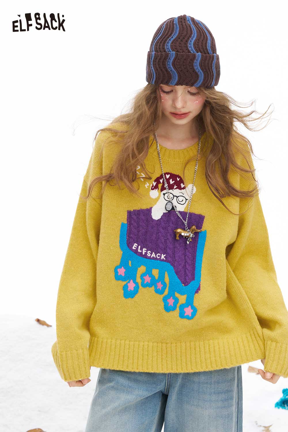ELFSACK women's sleeping dog graphic sweater in yellow with cozy oversized fit and playful design