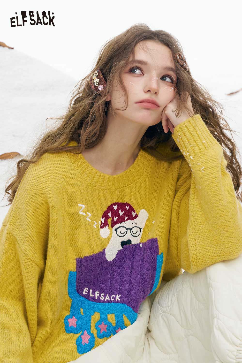 Cozy yellow women's sleeping dog graphic sweater from ELFSACK featuring a playful design