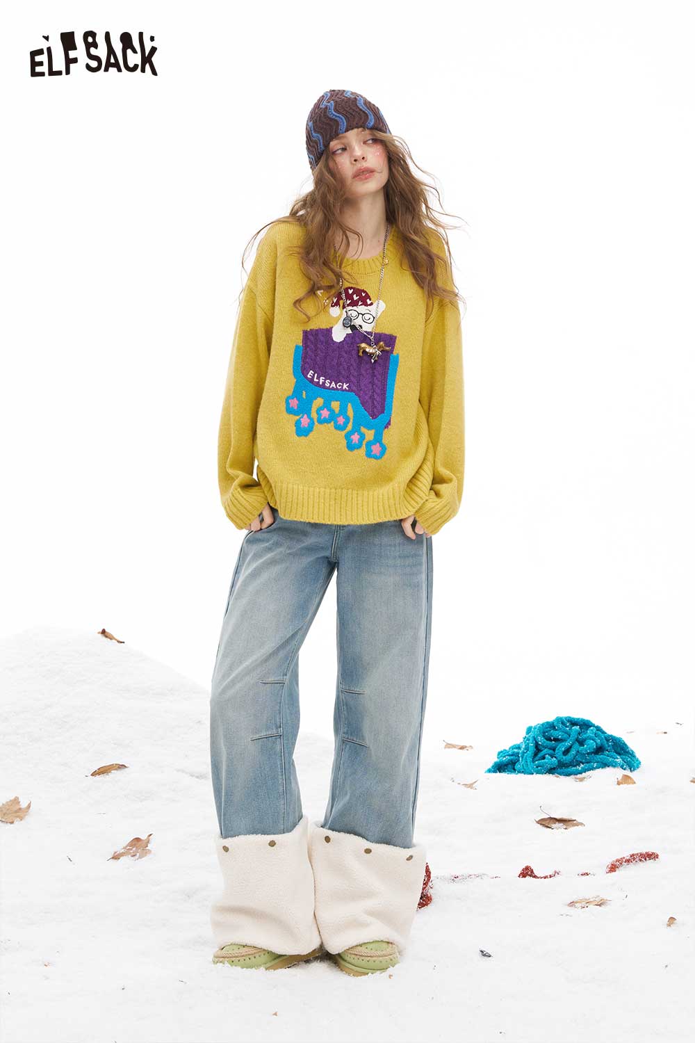 ELFSACK women's sleeping dog graphic sweater in yellow with playful design, perfect for casual outings