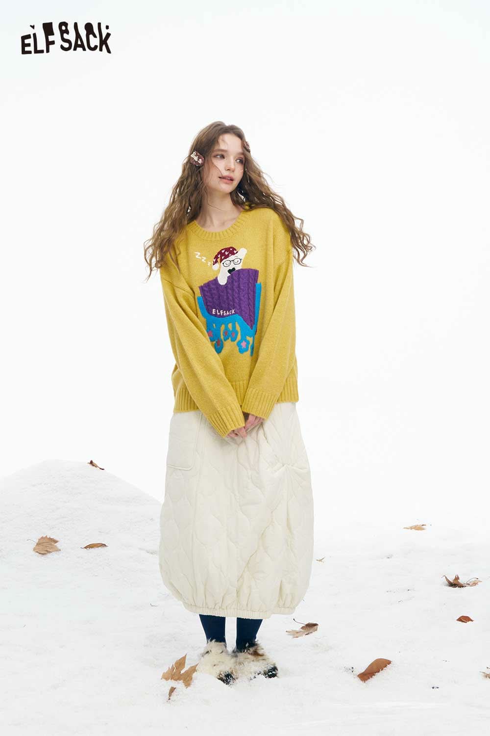 ELFSACK women's sleeping dog graphic sweater in yellow with colorful design and relaxed fit