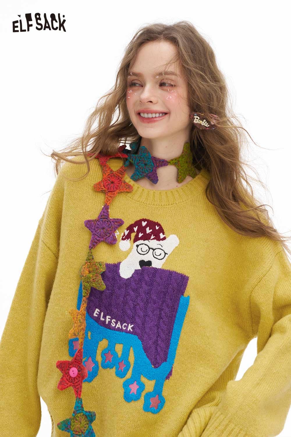 Cozy ELFSACK women's sleeping dog graphic sweater in yellow with colorful star details