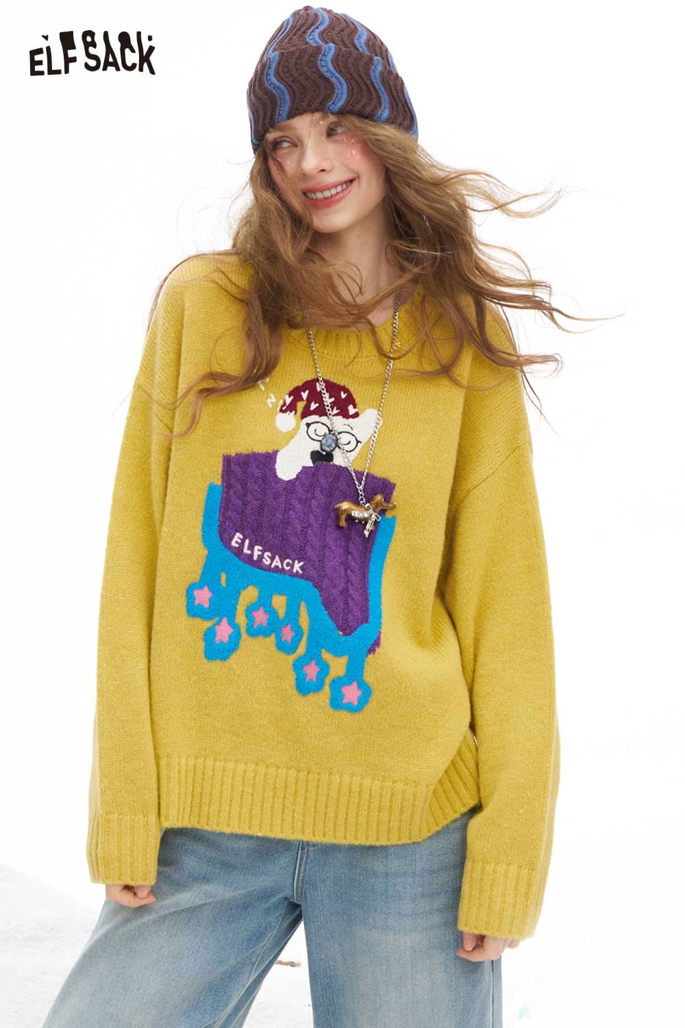 ELFSACK women's sleeping dog graphic sweater in yellow with colorful design and relaxed fit