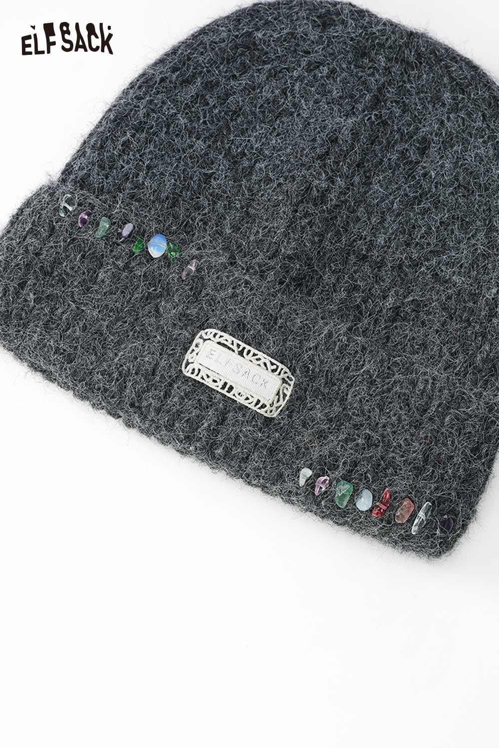 ELFSACK women's solid color beanie with decorative gemstones for stylish warmth in winter