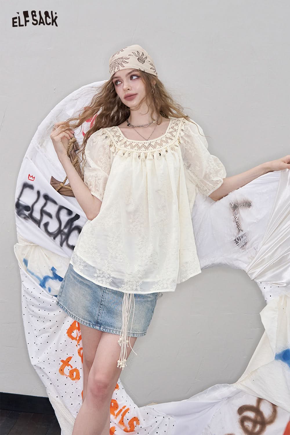 ELFSACK Woven Fringe Jacquard Lace Blouse