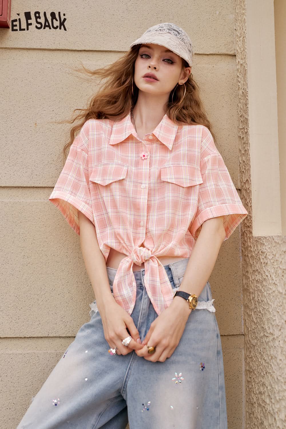 ELFSACK Y2K Dopamine Plaid Lace Up Short Sleeve Shirt