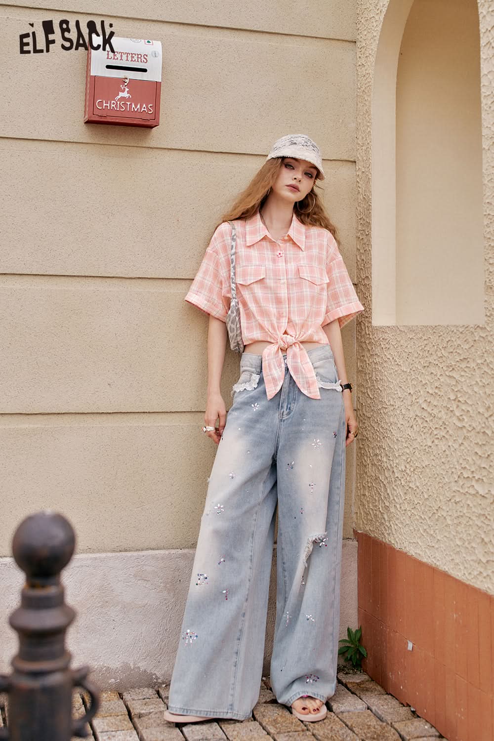 ELFSACK Y2K Dopamine Plaid Lace Up Short Sleeve Shirt