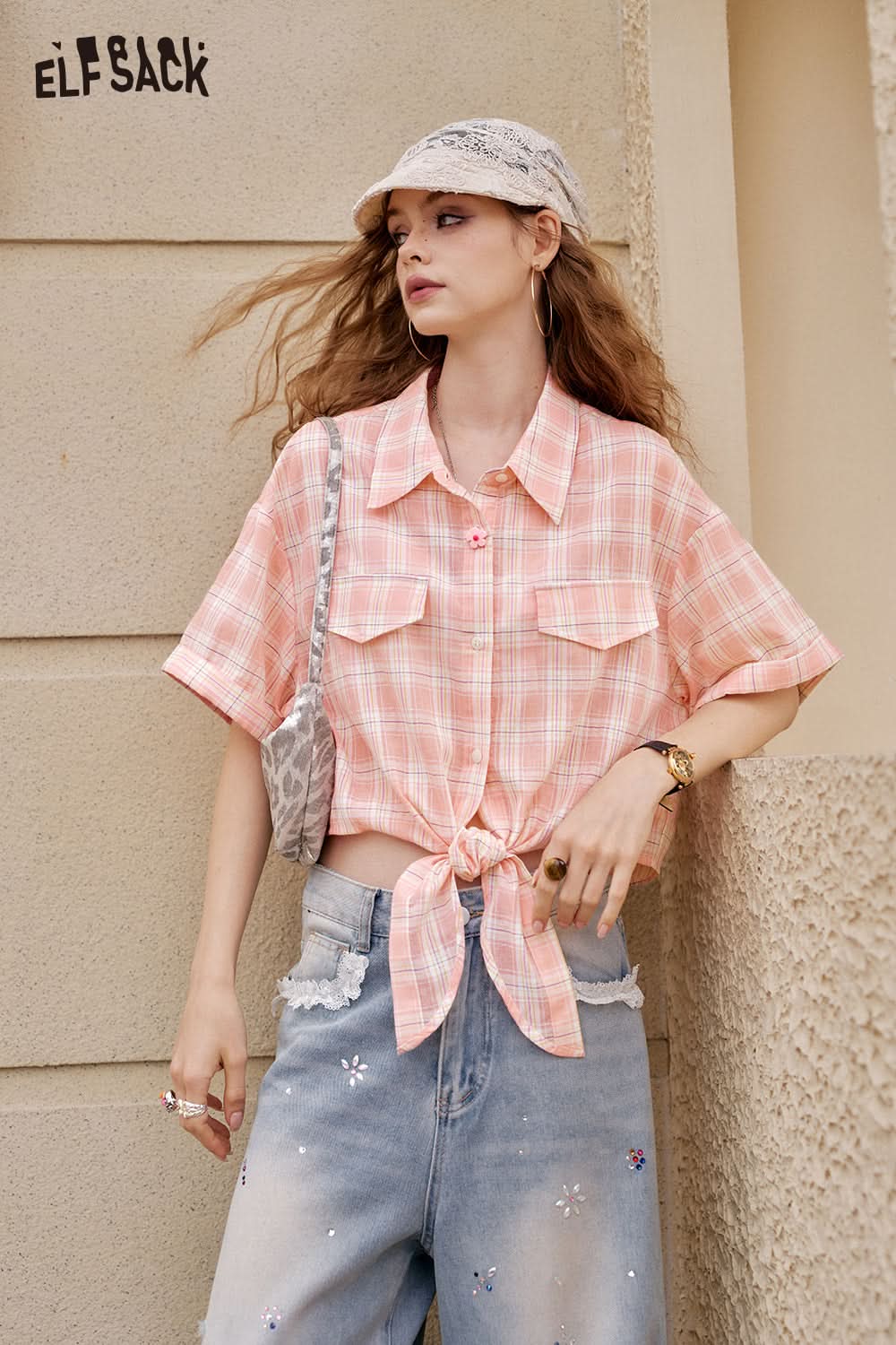 ELFSACK Y2K Dopamine Plaid Lace Up Short Sleeve Shirt