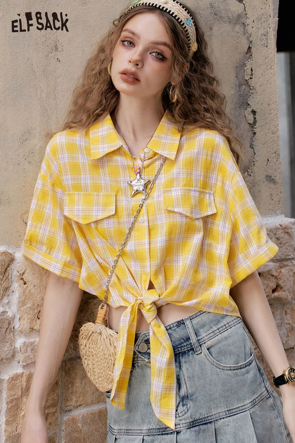 ELFSACK Y2K Dopamine Plaid Lace Up Short Sleeve Shirt