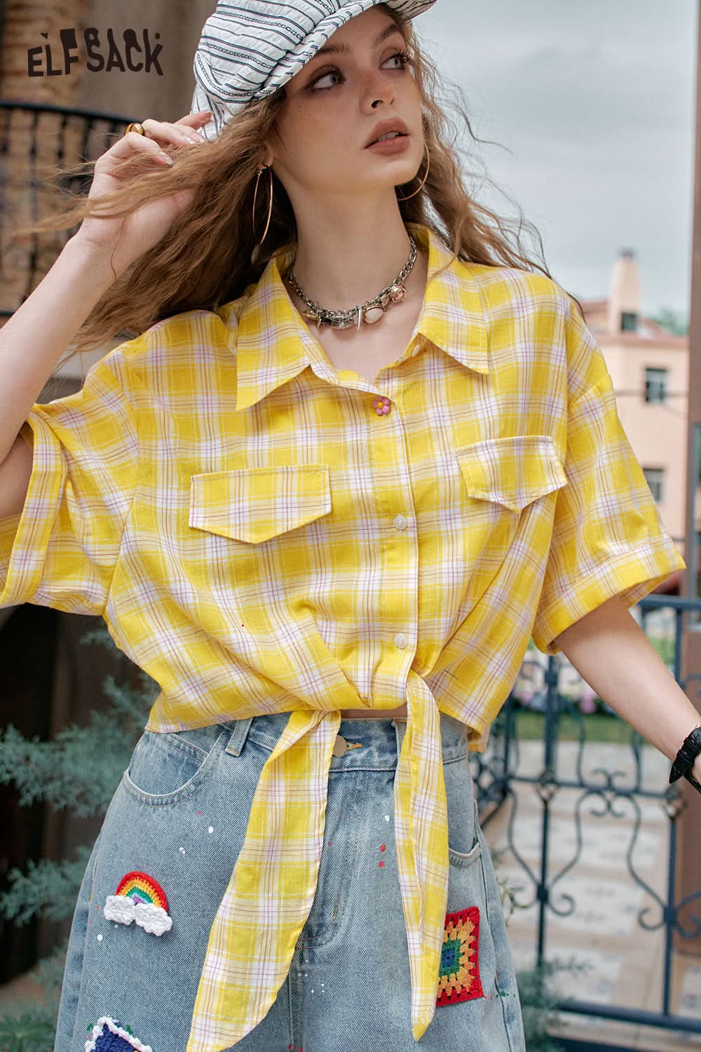 ELFSACK Y2K Dopamine Plaid Lace Up Short Sleeve Shirt