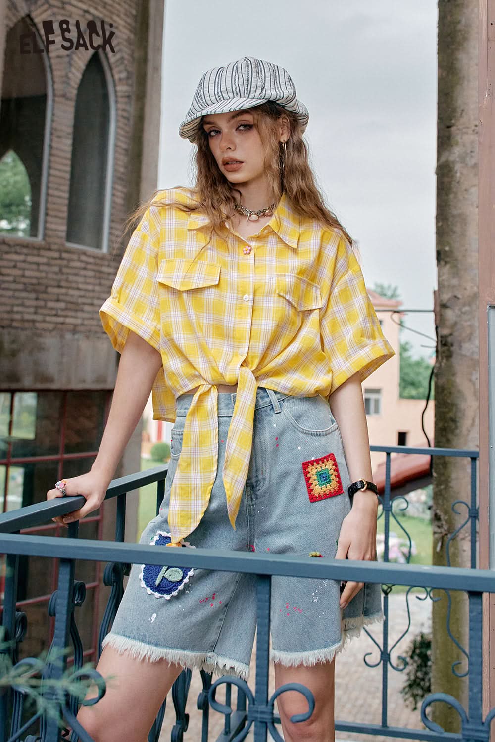 ELFSACK Y2K Dopamine Plaid Lace Up Short Sleeve Shirt