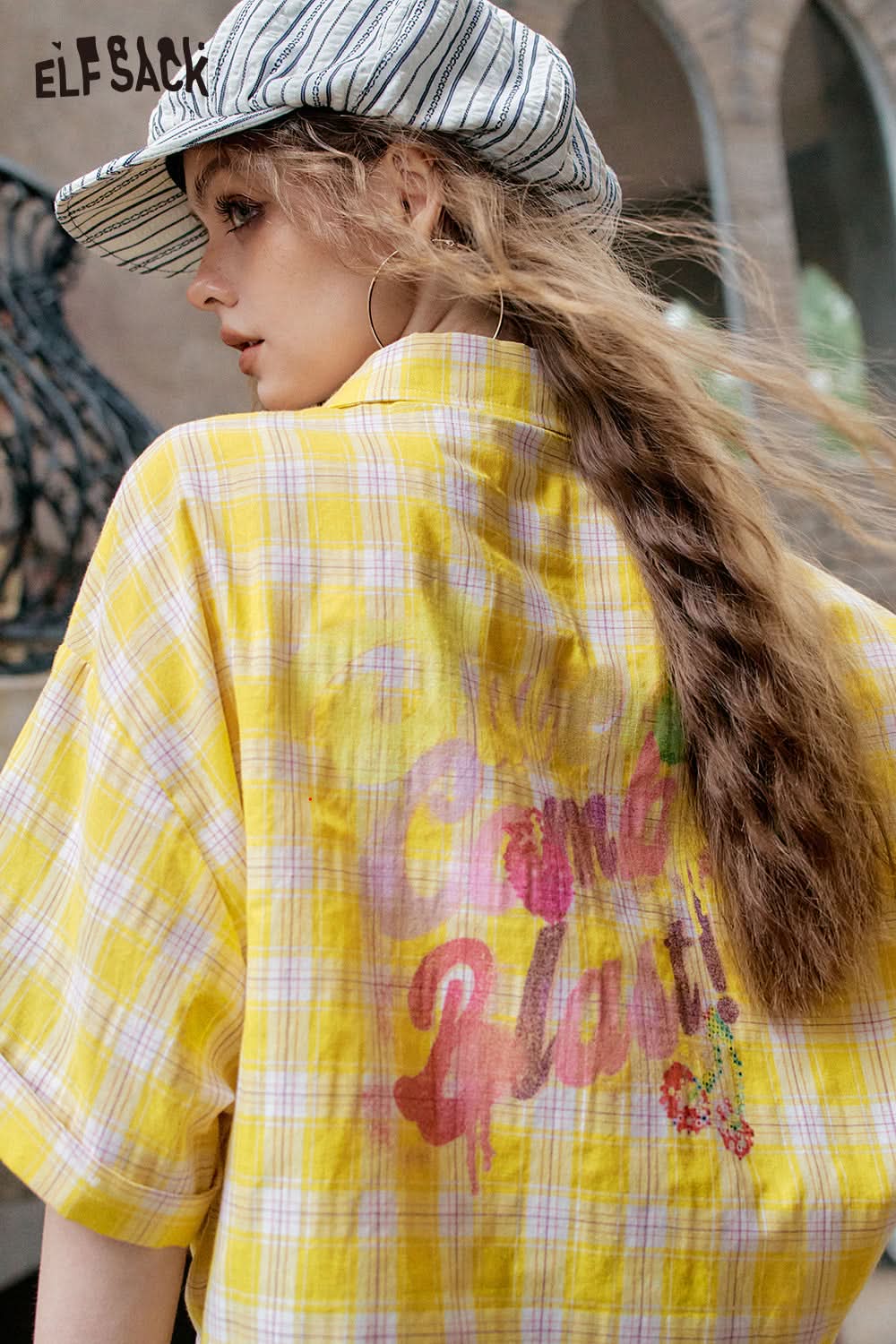 ELFSACK Y2K Dopamine Plaid Lace Up Short Sleeve Shirt