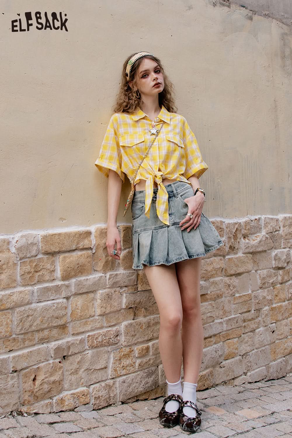 ELFSACK Y2K Dopamine Plaid Lace Up Short Sleeve Shirt