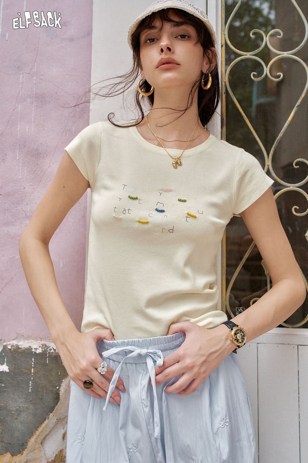 ELFSACK Y2K Dopamine Round Neck Knitted Short Sleeve T-Shirt