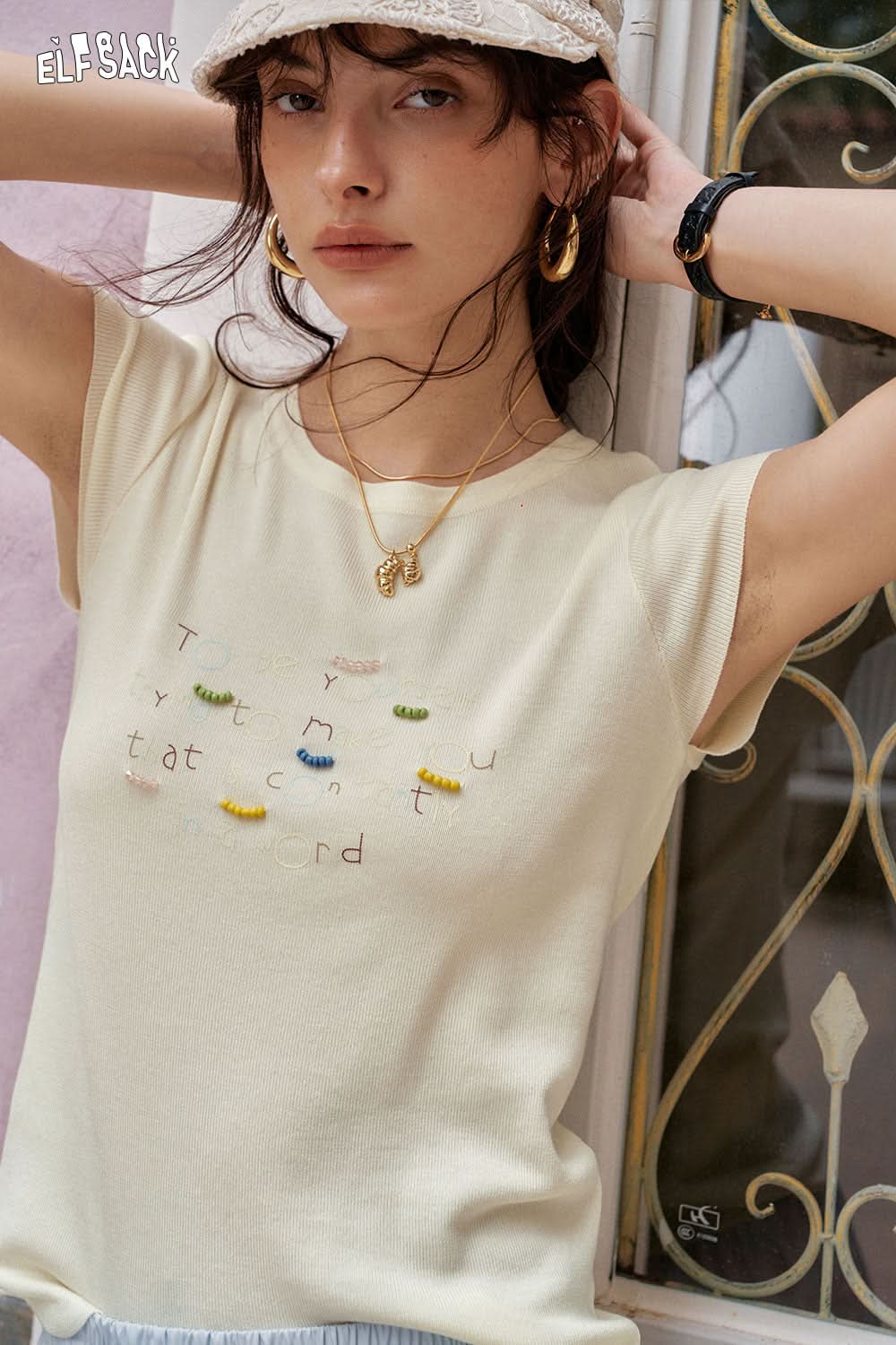 ELFSACK Y2K Dopamine Round Neck Knitted Short Sleeve T-Shirt