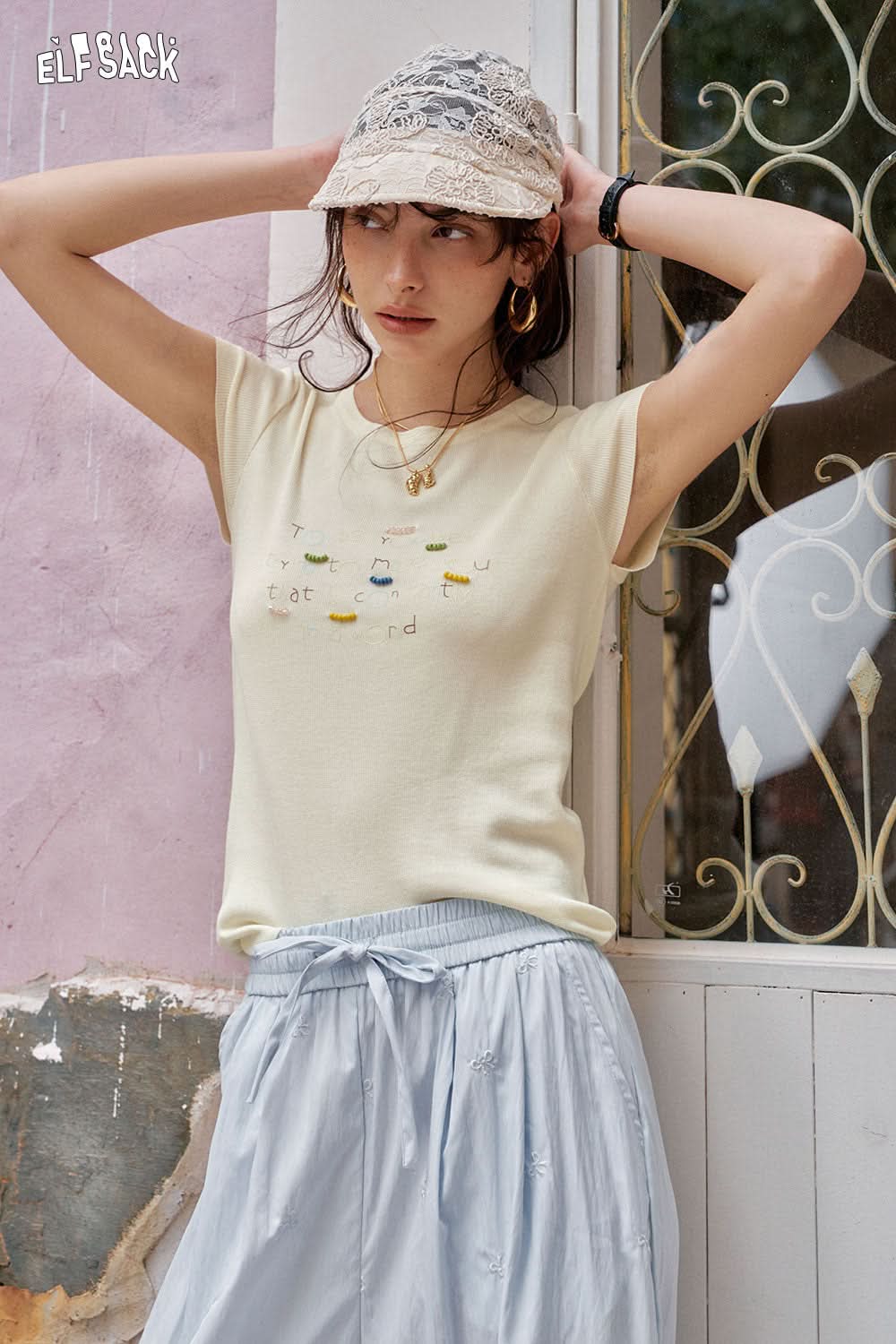 ELFSACK Y2K Dopamine Round Neck Knitted Short Sleeve T-Shirt