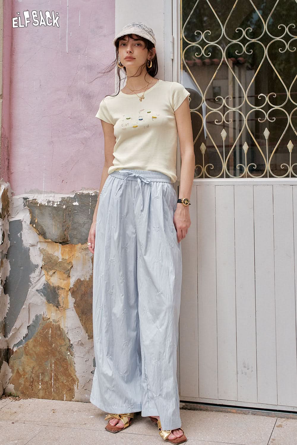 ELFSACK Y2K Dopamine Round Neck Knitted Short Sleeve T-Shirt