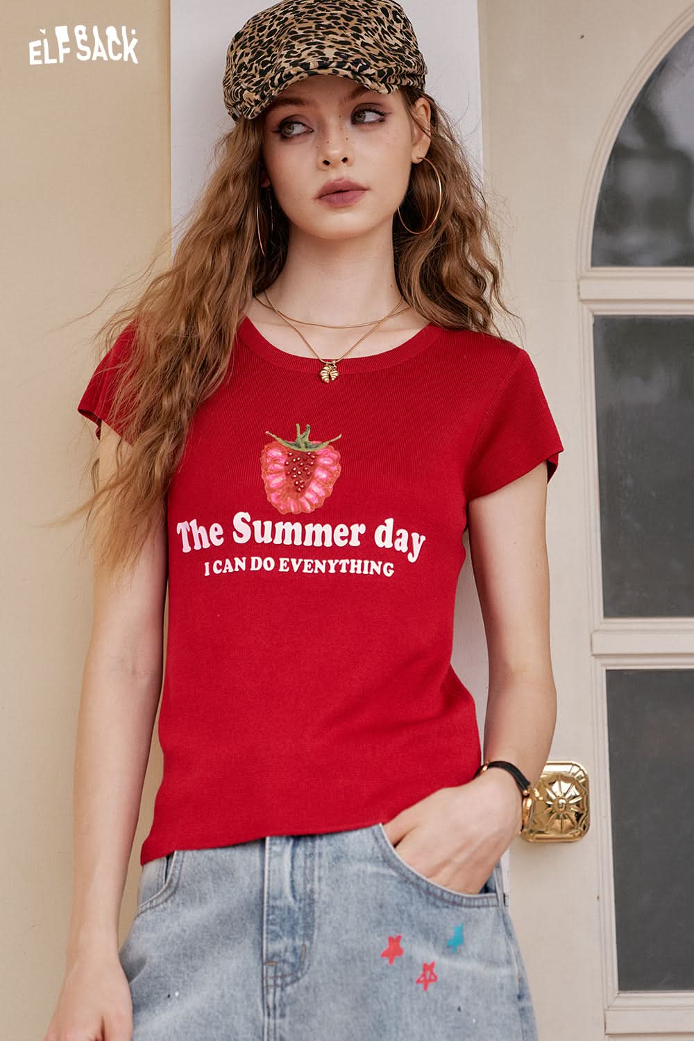 ELFSACK Y2K Strawberry Printed Lightweight Short Sleeve Knitted Sweater