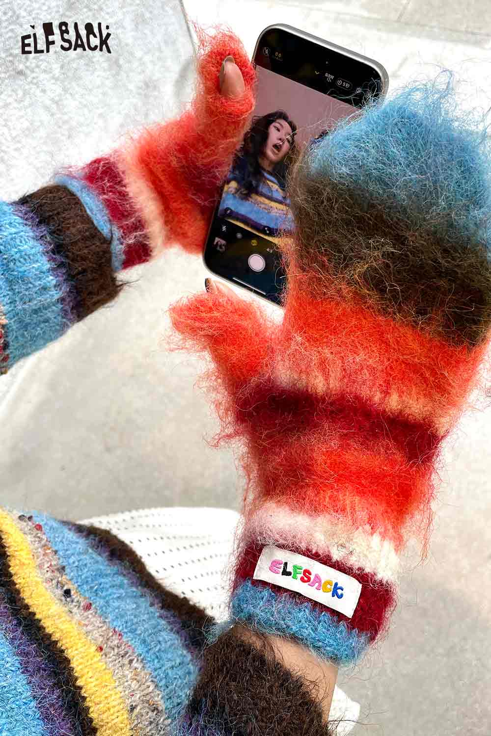 ELFSACK Y2K stripe neck warmer and colorful mittens for trendy winter style