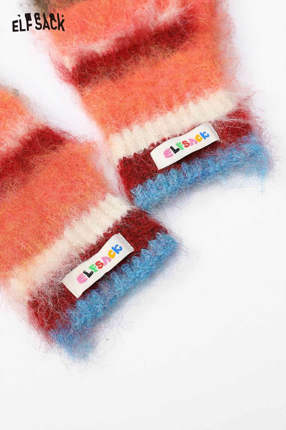 ELFSACK Y2K stripe neck warmer in vibrant shades of orange, red, and blue for trendy winter style