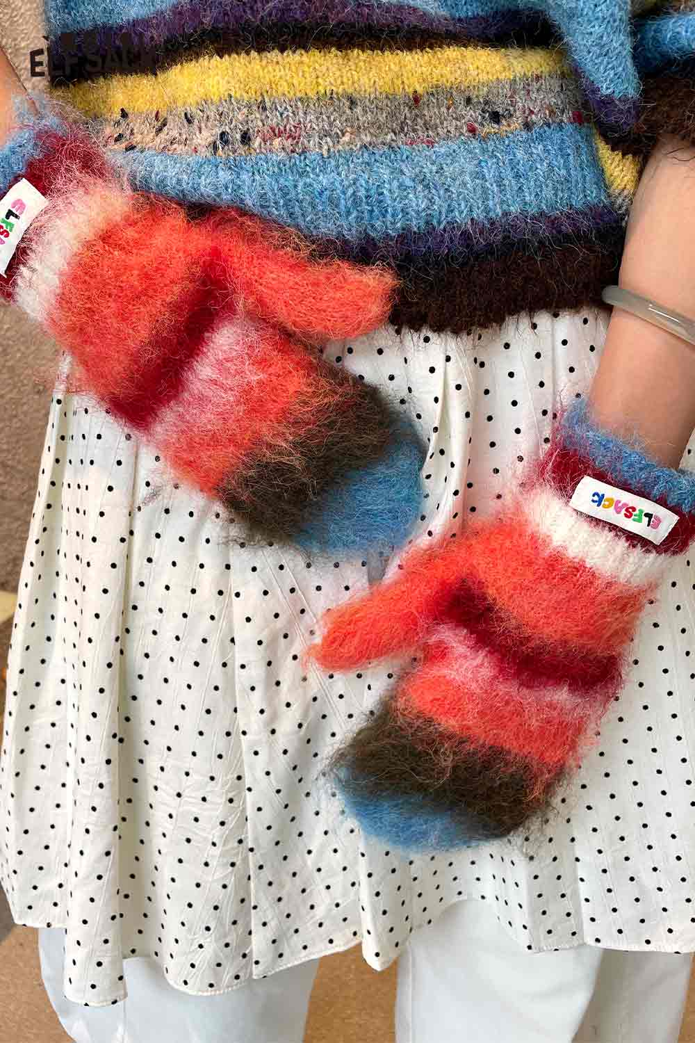 ELFSACK Y2K stripe neck warmer and matching mittens with vibrant color patterns for stylish winter look