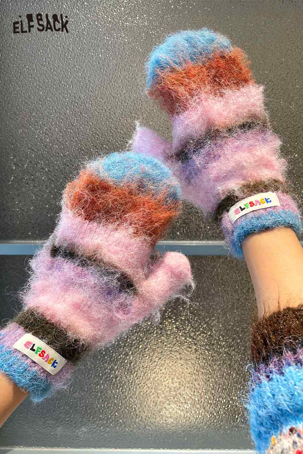 Colorful ELFSACK mittens featuring Y2K stripe neck warmer design with fluffy texture