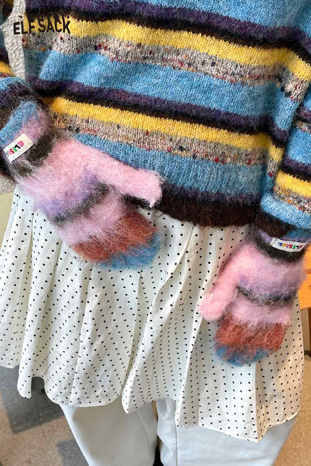 ELFSACK Y2K stripe neck warmer paired with colorful mittens and a polka dot skirt