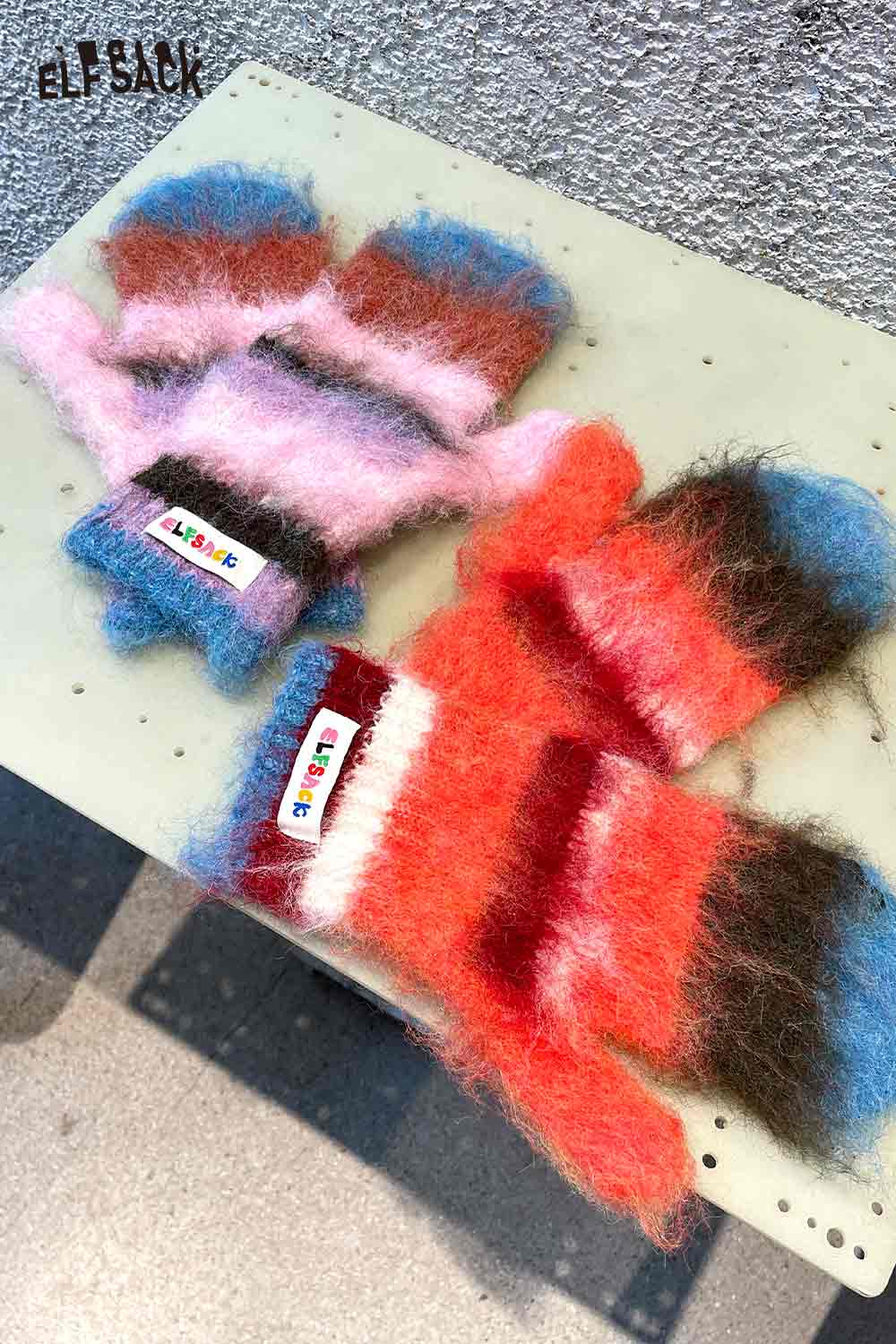 ELFSACK Y2K stripe neck warmer set in vibrant pink and orange colors for stylish winter wear