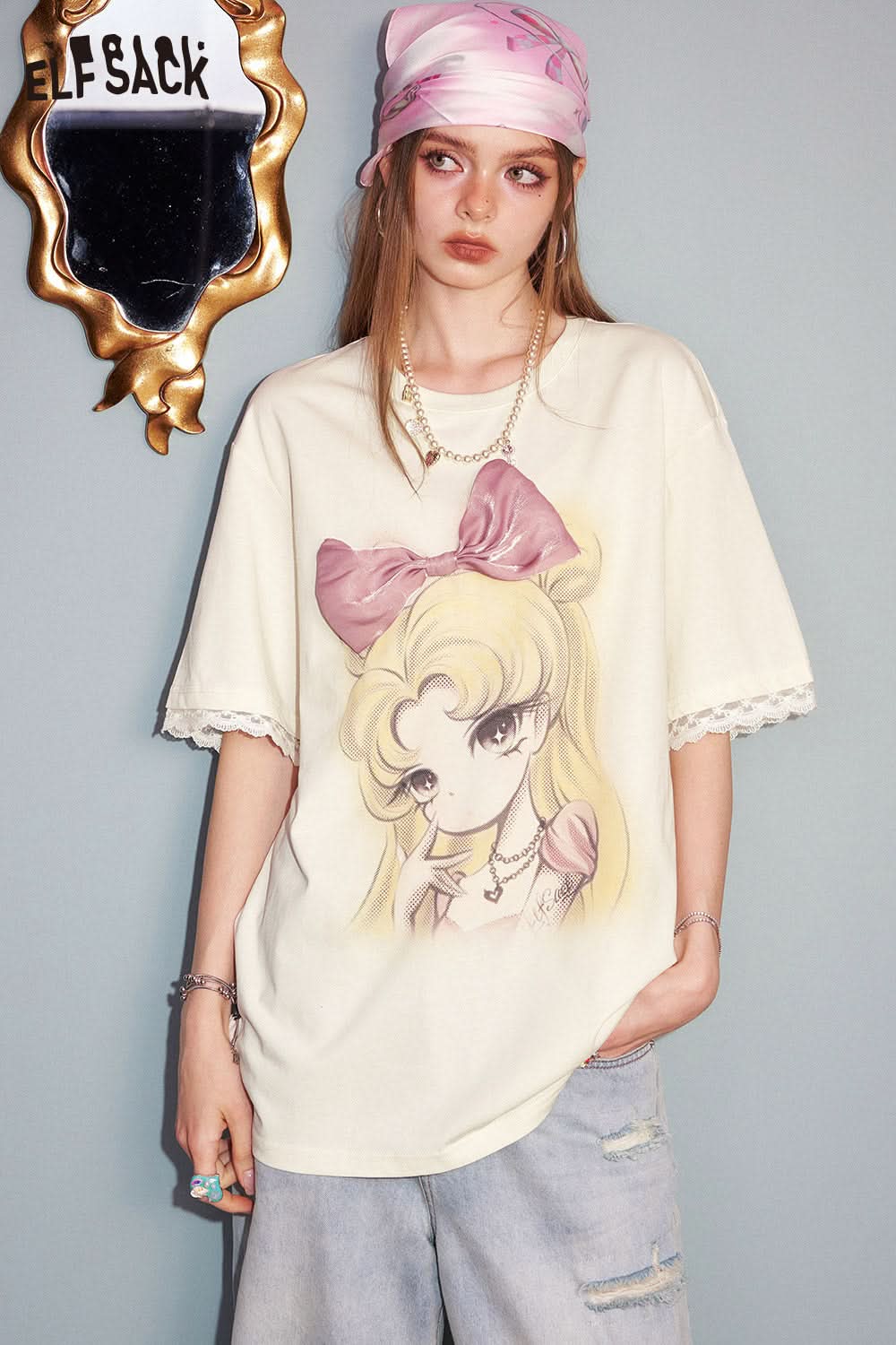 ELFSACK Yellow Lace Patchwork Printed T Shirt
