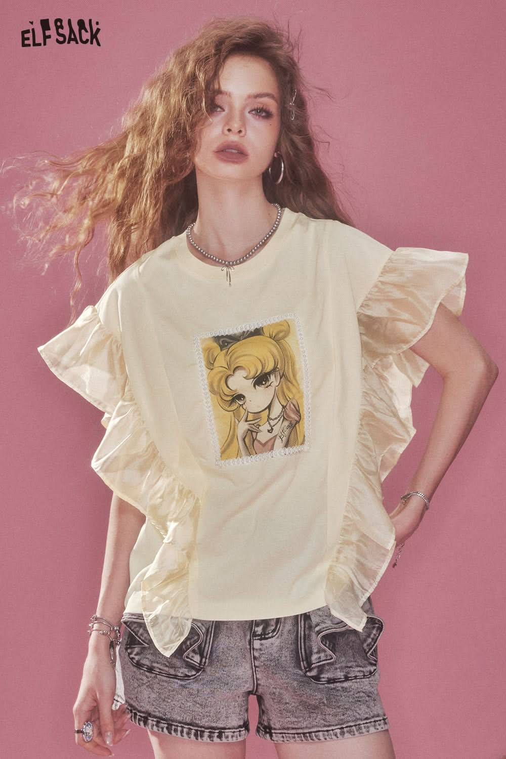 ELFSACK Yellow Printed Ruffle Bat Sleeve T Shirt