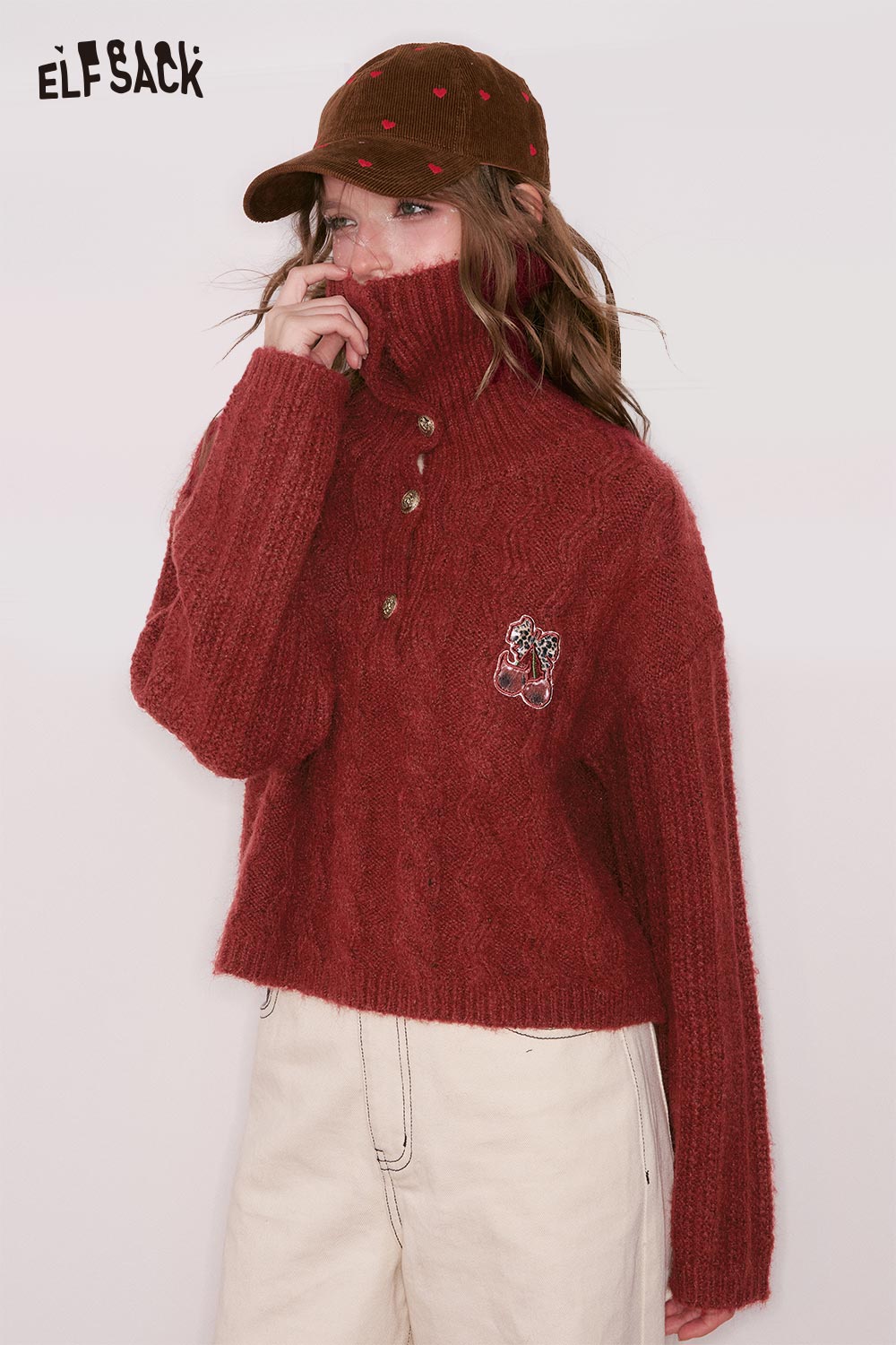 ELFSACK embroidered cropped sweater for women in red with a high collar and unique button detail