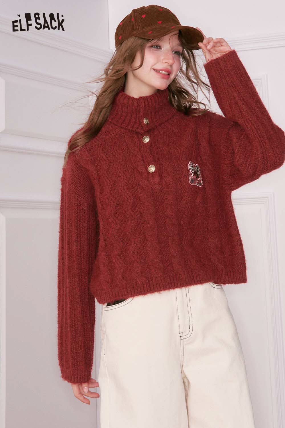 ELFSACK embroidered cropped sweater for women in burgundy with button detail and cozy knit texture