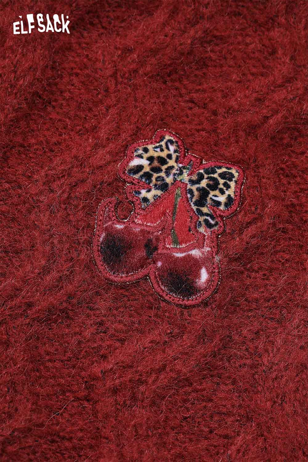 ELFSACK embroidered cropped sweater for women featuring a stylish cherry and leopard print patch
