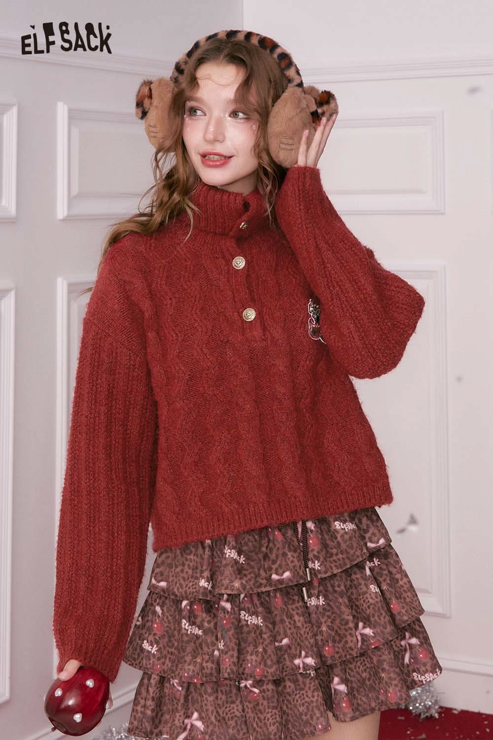 ELFSACK embroidered cropped sweater for women in red with button details and wide sleeves