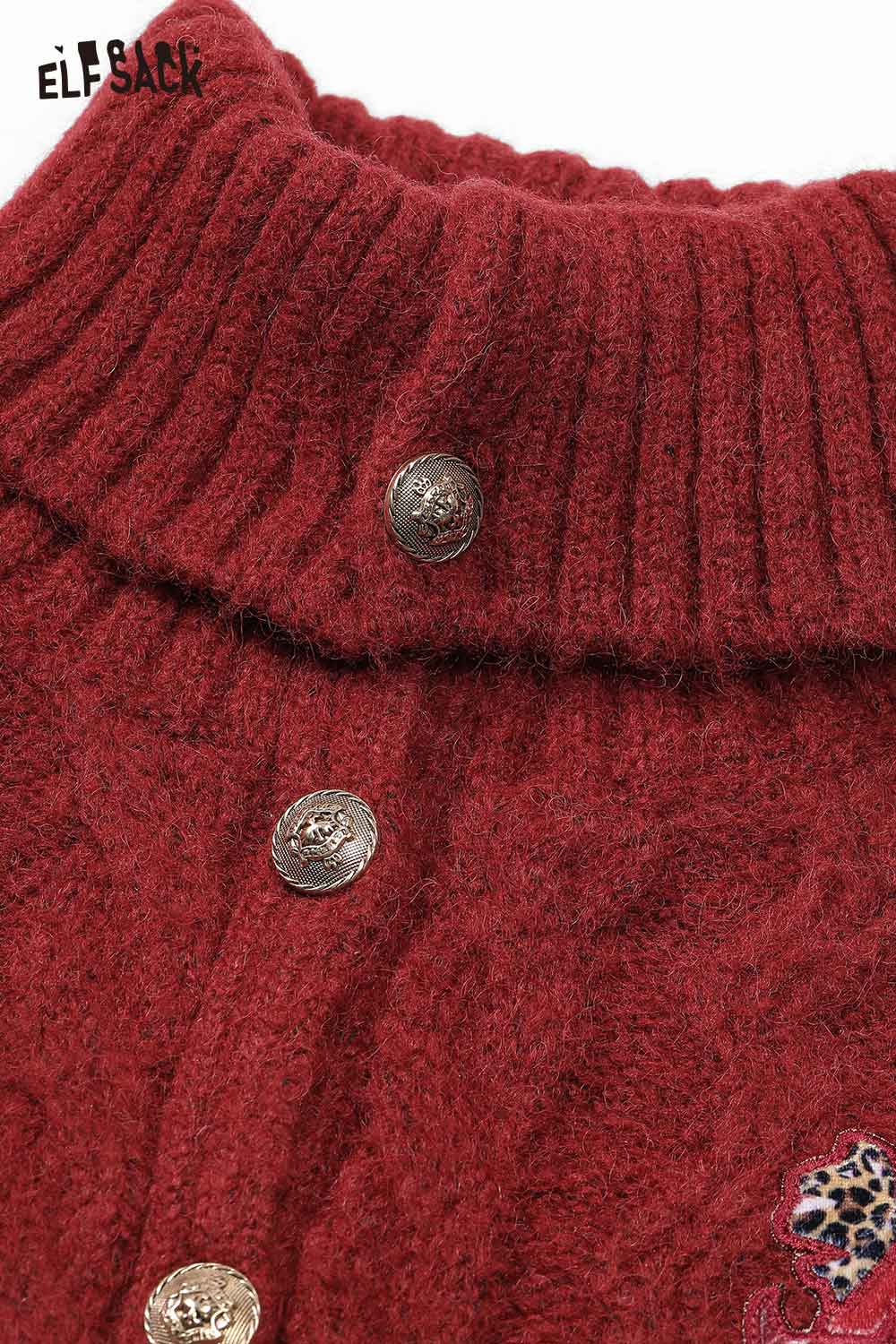 ELFSACK embroidered cropped sweater for women in rich red with a stylish ribbed collar and decorative buttons
