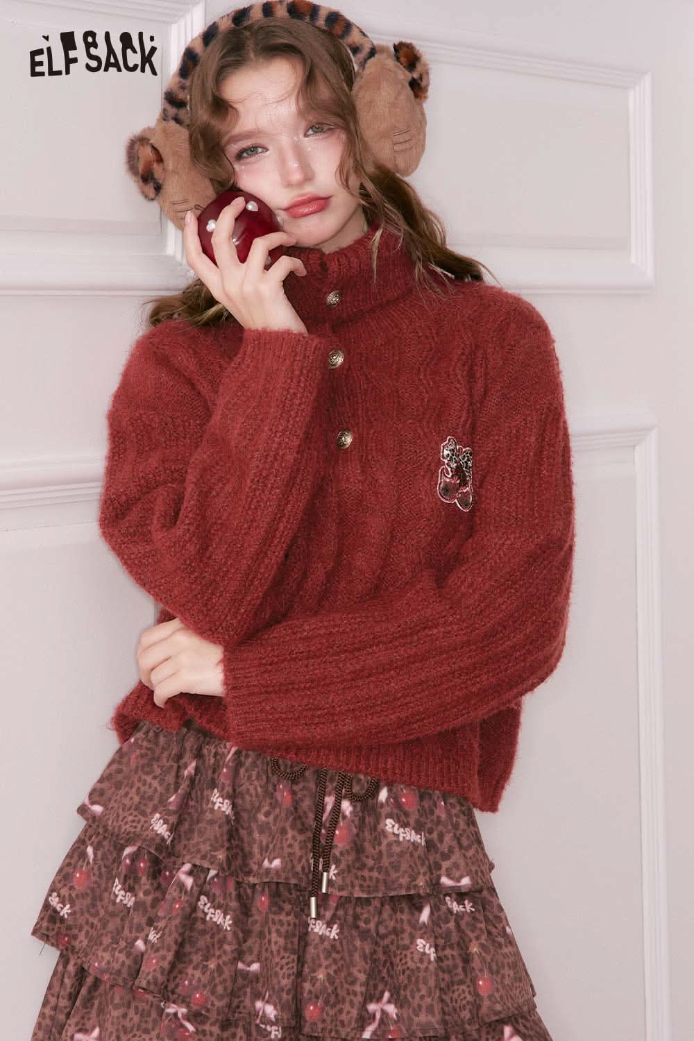 ELFSACK embroidered cropped sweater for women in cozy red with button detail, perfect for stylish casual wear