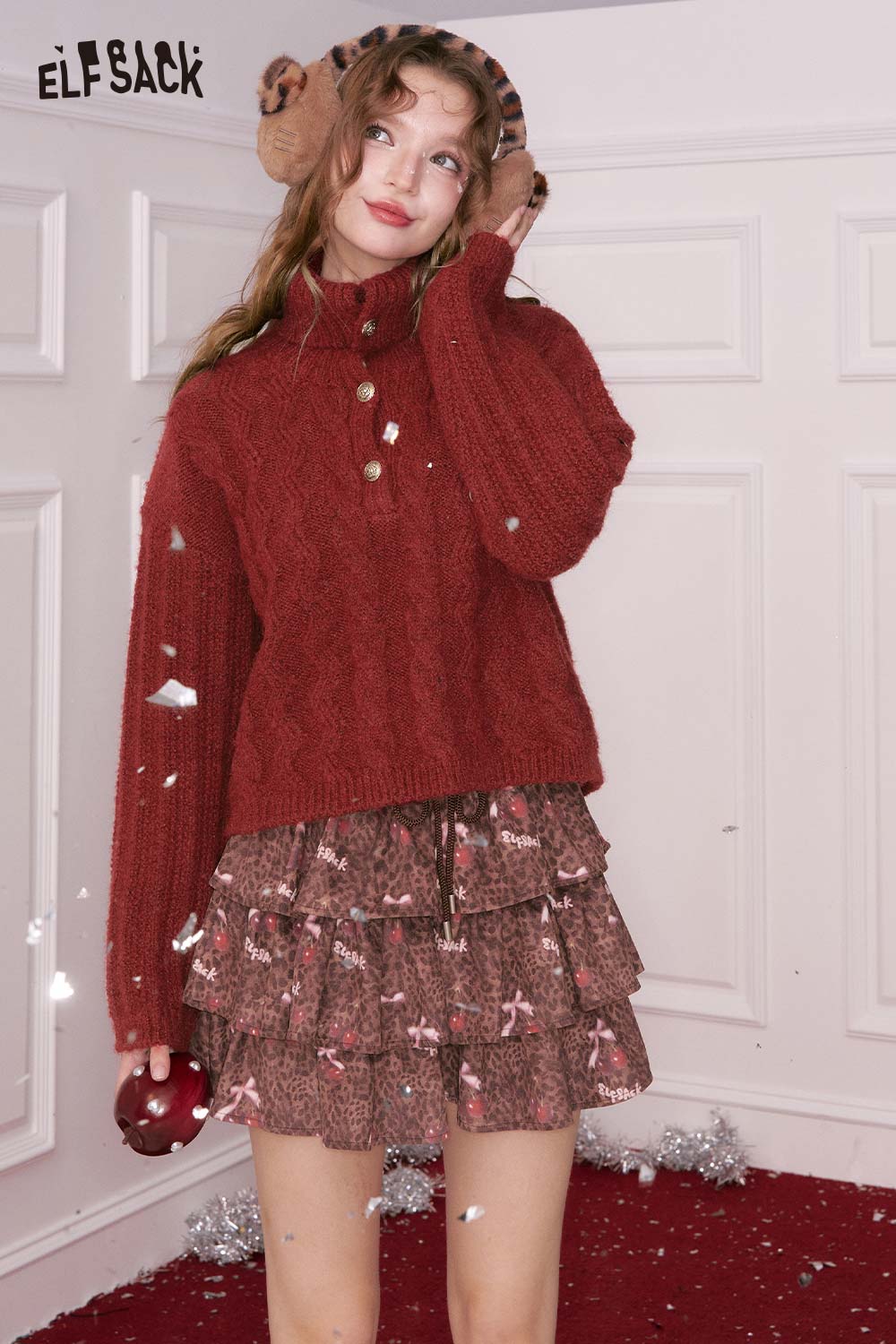 ELFSACK embroidered cropped sweater for women in maroon, paired with a stylish ruffled skirt