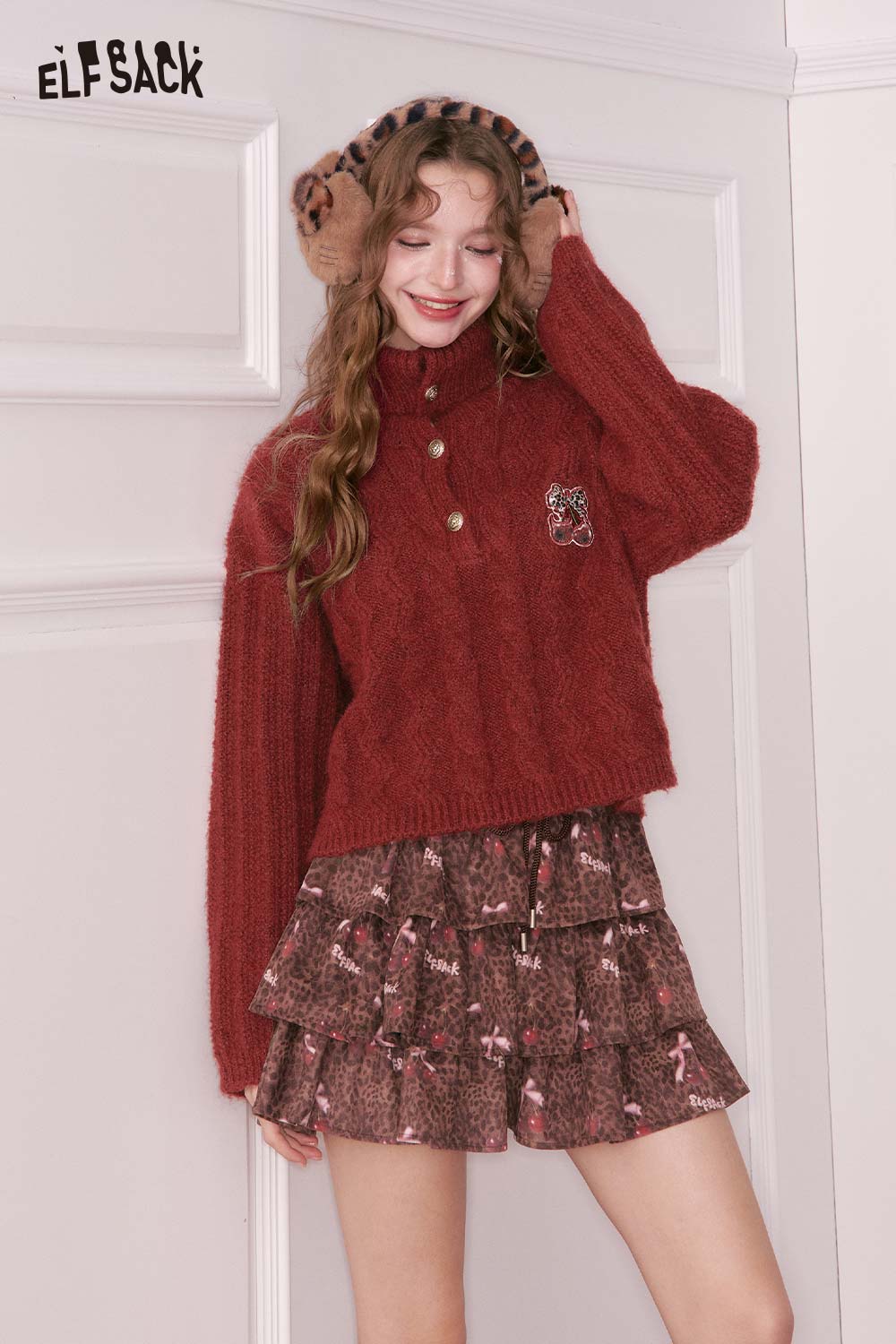 ELFSACK embroidered cropped sweater for women in rust with button detail and cozy design