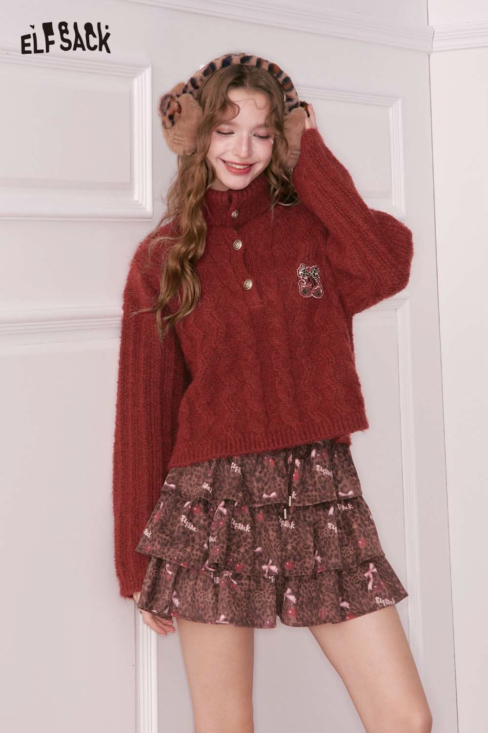ELFSACK embroidered cropped sweater for women in rust with button detail and cozy design
