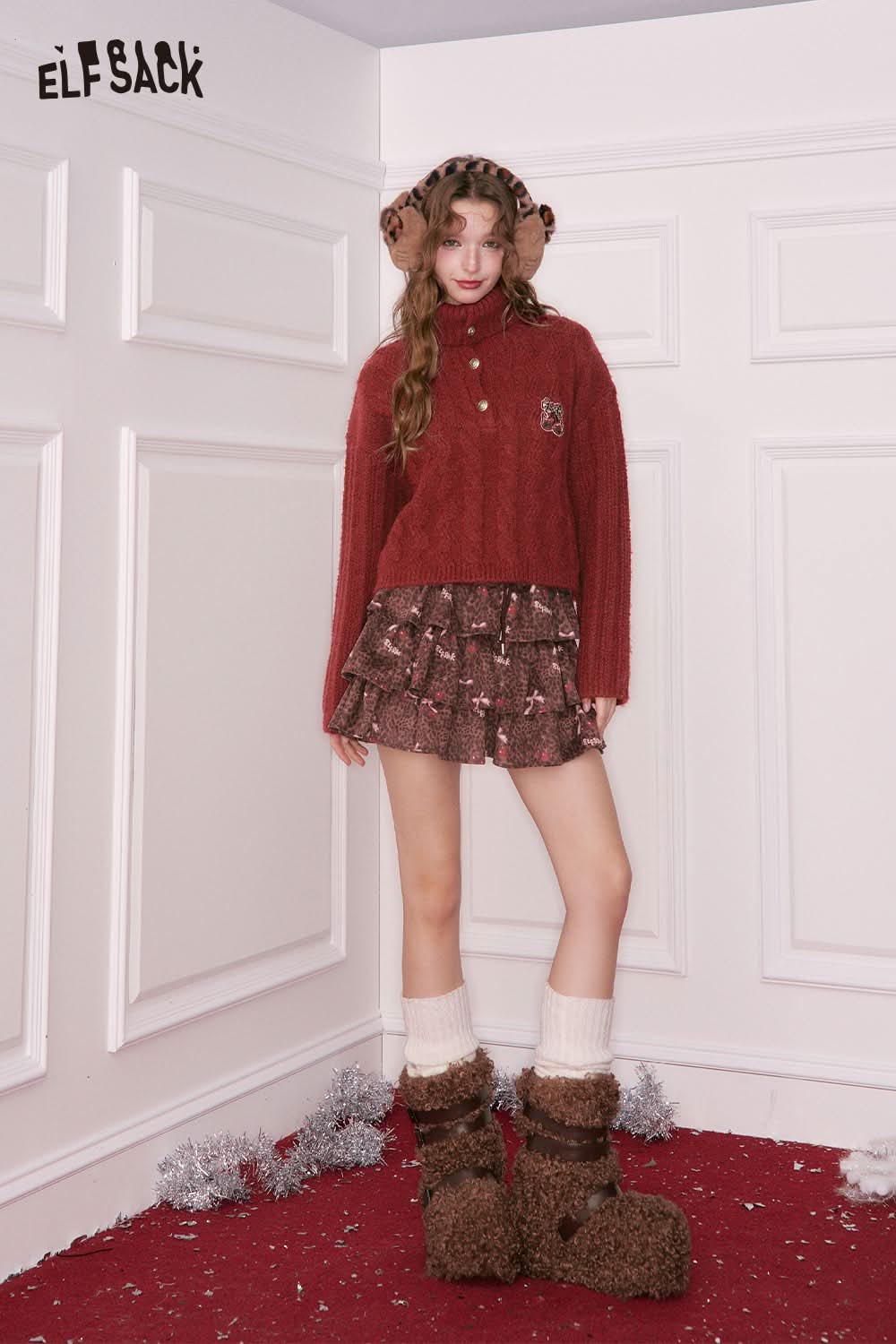 ELFSACK embroidered cropped sweater for women paired with a stylish skirt and cozy accessories