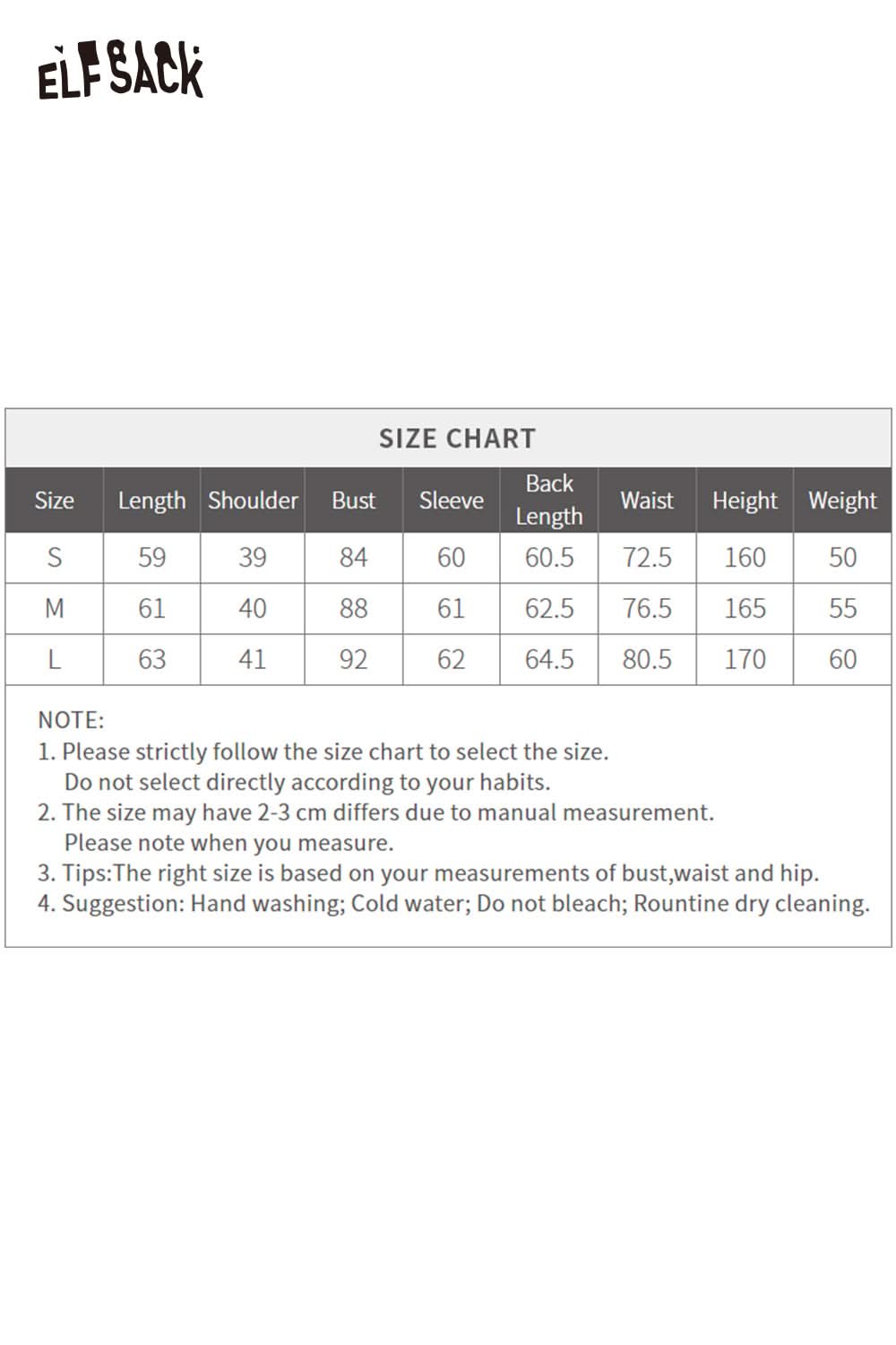 ELFSACK size chart for embroidered fitted long sleeve tee detailing measurements for M and L sizes